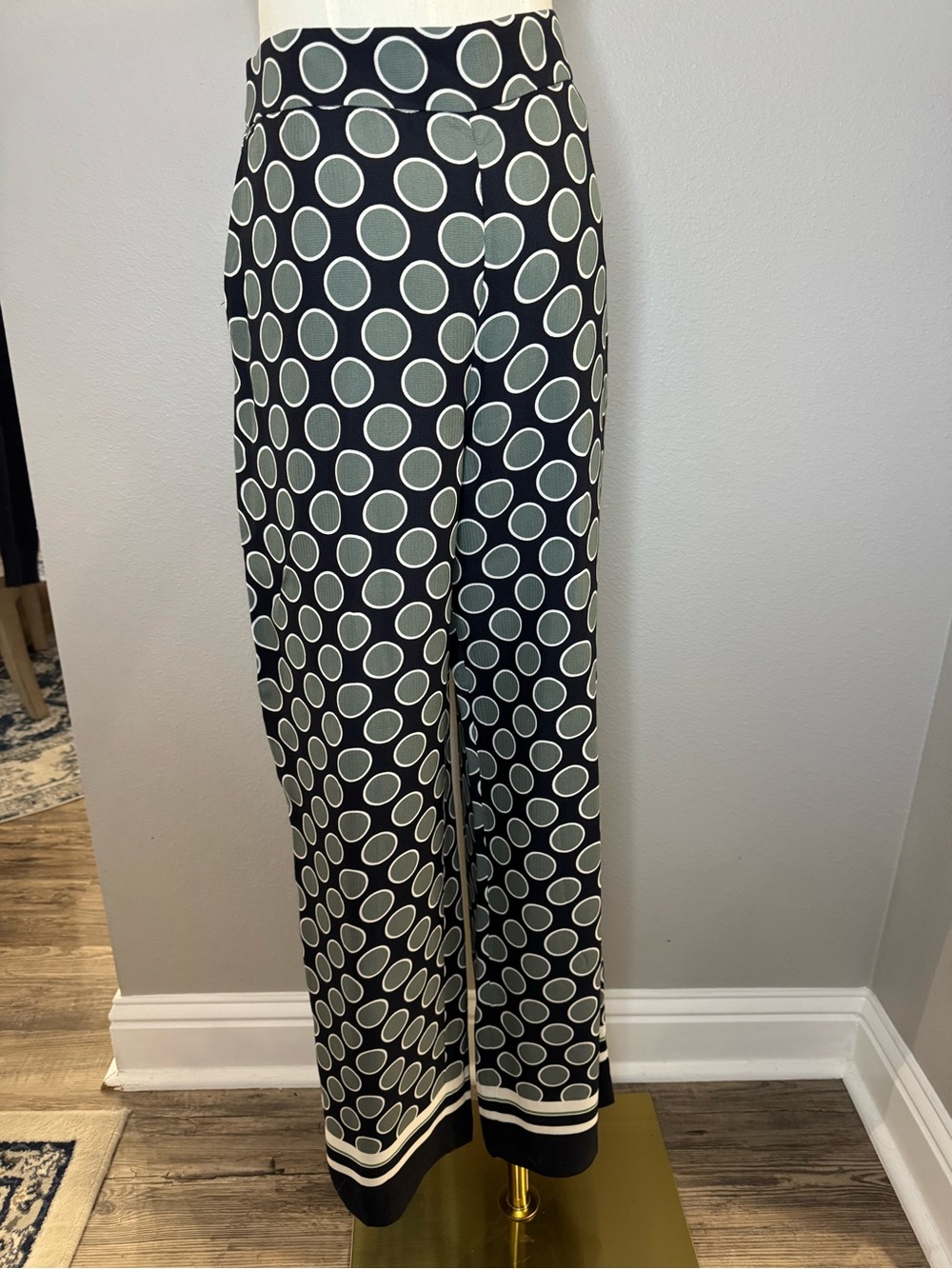 Ann Taylor Black Wide-Leg Polka Dot Pants with Hem Stripe